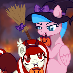 Size: 1000x1000 | Tagged: artist needed, safe, imported from derpibooru, oc, oc:electric television, oc:lollipopsocks, earth pony, pegasus, bow, broom, clothes, costume, demon horns, fangs, halloween, halloween costume, hat, holiday, pumpkin, witch hat