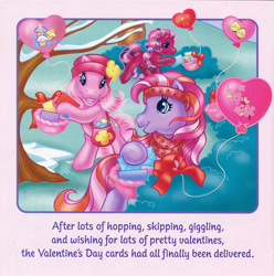 Size: 700x705 | Tagged: safe, artist:lyn fletcher, imported from derpibooru, cherry blossom (g3), pinkie pie (g3), twinkle twirl, pony, bag, balloon, basket, card, clothes, flower in hat, g3, hat, headband, holiday, letter, official, party balloon, scan, scarf, scrunchie, snow, streamers, tree, valentine's day, valentine's day up up and away
