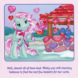 Size: 700x693 | Tagged: safe, artist:lyn fletcher, imported from derpibooru, minty, bird, pony, balloon, basket, card, clothes, envelope, g3, holiday, letter, sad, scarf, streamers, valentine's day, valentine's day up up and away, well