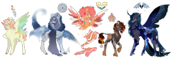 Size: 2500x853 | Tagged: safe, artist:bunnari, imported from derpibooru, oc, oc only, oc:coral carmel, oc:dreameater, oc:lesedi, oc:swift skylark, oc:zodiac, changepony, hybrid, pegasus, pony, unicorn, female, interspecies offspring, magical lesbian spawn, male, mare, next generation, offspring, parent:discord, parent:fluttershy, parent:nightmare moon, parent:pinkie pie, parent:princess luna, parent:princess skystar, parent:queen chrysalis, parent:rainbow dash, parent:sunset shimmer, parent:zecora, parents:chrysmoon, parents:flutterdash, parents:lunacord, parents:skypie, parents:suncora, simple background, stallion, transparent background