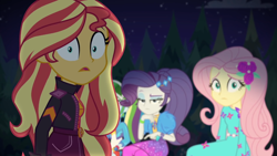 Size: 1334x750 | Tagged: safe, imported from derpibooru, screencap, fluttershy, rainbow dash, rarity, sunset shimmer, equestria girls, equestria girls series, sunset's backstage pass!, spoiler:eqg series (season 2), backstage pass, female, logo, shrunken pupils, what am i even looking at, wide eyes