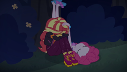 Size: 1334x750 | Tagged: safe, imported from derpibooru, screencap, pinkie pie, sunset shimmer, equestria girls, equestria girls series, sunset's backstage pass!, spoiler:eqg series (season 2), clothes, head pat, night, pat, patting, slippers