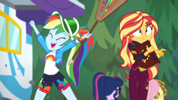 Size: 1334x750 | Tagged: safe, imported from derpibooru, screencap, applejack, fluttershy, rainbow dash, sci-twi, sunset shimmer, twilight sparkle, equestria girls, equestria girls series, sunset's backstage pass!, spoiler:eqg series (season 2), book, duo focus, paddle, shocked