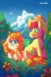 Size: 723x1080 | Tagged: safe, artist:simondrawsstuff, imported from derpibooru, bright mac, pear butter, earth pony, pony, apple, apple tree, brightbutter, female, flower, food, intertwined tails, looking at you, male, mare, pear tree, shipping, sitting, smiling, stallion, straight, tail, tree