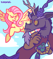 Size: 1828x2047 | Tagged: safe, artist:simondrawsstuff, imported from derpibooru, discord, fluttershy, bird, pegasus, pony, duo, personality swap, tongue out