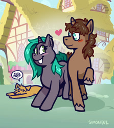 Size: 1828x2047 | Tagged: safe, artist:simondrawsstuff, imported from derpibooru, oc, oc only, dog, pony, unicorn, blushing, butt to butt, butt touch, duo, female, looking at each other, male, mare, oc x oc, shipping, stallion, straight, trio