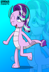 Size: 1031x1521 | Tagged: safe, artist:gradiusfanatic, imported from derpibooru, starlight glimmer, dragon, dragoness, dragonified, fangs, female, glimmerdragon, one eye closed, open mouth, open smile, smiling, solo, species swap