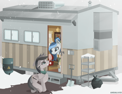 Size: 2889x2233 | Tagged: safe, artist:andaluce, imported from derpibooru, oc, oc only, oc:haze northfleet, oc:star chaser, pegasus, pony, cabin, clothes, lineless, scenery, snow, snowfall, winter