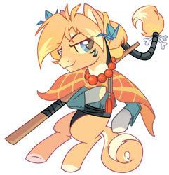 Size: 1300x1350 | Tagged: safe, alternate version, artist:syriskater, imported from derpibooru, oc, oc only, oc:shibonk inu, earth pony, pony, baseball bat, bedroom eyes, belt, cape, clothes, jewelry, looking at you, male, markings, necklace, raised hoof, raised leg, shirt, simple background, solo, staff, stallion, transparent background