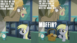 Size: 2000x1125 | Tagged: safe, edit, edited screencap, editor:quoterific, imported from derpibooru, screencap, cranky doodle donkey, derpy hooves, donkey, slice of life (episode), food, muffin