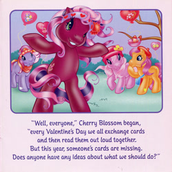Size: 700x696 | Tagged: safe, artist:lyn fletcher, imported from derpibooru, cherry blossom (g3), pinkie pie (g3), sparkleworks, twinkle twirl, pony, bag, balloon, basket, card, clothes, envelope, flower in hat, g3, hat, headband, holiday, letter, official, party balloon, scan, scarf, tree, valentine's day, valentine's day up up and away