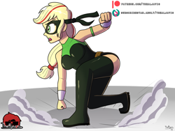 Size: 1000x750 | Tagged: safe, artist:thealjavis, imported from derpibooru, applejack, equestria girls, boots, breasts, busty applejack, commission, shoes, thigh boots