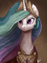 Size: 1536x2048 | Tagged: safe, artist:raphaeldavid, imported from derpibooru, princess celestia, alicorn, pony, bust, chest fluff, cloak, clothes, crown, female, jewelry, mare, neck, portrait, regalia, simple background, solo