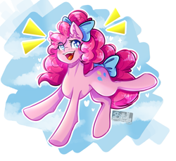 Size: 1077x985 | Tagged: safe, artist:lisagamer456, imported from derpibooru, pinkie pie, earth pony, pony, alternate hairstyle, bow, cloud, colored pupils, cute, diapinkes, ear fluff, female, hair bow, heart, heart eyes, mare, open mouth, sky, solo, tail bow, wingding eyes