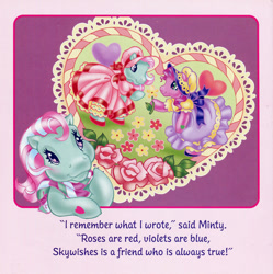 Size: 700x704 | Tagged: safe, artist:lyn fletcher, imported from derpibooru, minty, skywishes, pony, bonnet, clothes, dexterous hooves, dress, flower, flower in hoof, g3, heart, holiday, lace, leaves, rose, scarf, shipping fuel, shoes, thinking, valentine's day, valentine's day up up and away