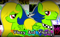 Size: 1600x1000 | Tagged: safe, artist:amgiwolf, imported from derpibooru, oc, oc only, oc:viexy ams, pegasus, pony, abstract background, bedroom eyes, clothes, duo, eyelashes, female, male, mare, necktie, pegasus oc, r63 paradox, raised hoof, self ponidox, smiling, stallion, wings