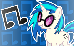 Size: 1600x1000 | Tagged: safe, artist:amgiwolf, imported from derpibooru, dj pon-3, vinyl scratch, pony, unicorn, eyelashes, female, grin, mare, music notes, smiling, solo, sunglasses