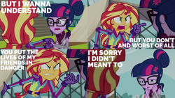 Size: 2000x1125 | Tagged: safe, edit, edited screencap, editor:quoterific, imported from derpibooru, screencap, sci-twi, sunset shimmer, twilight sparkle, equestria girls, friendship games, angry, caption, crying, exploitable meme, image macro, meme, sunset yells at twilight, text