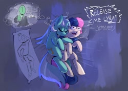 Size: 2225x1587 | Tagged: safe, artist:another_pony, imported from derpibooru, bon bon, lyra heartstrings, sweetie drops, oc, oc:anon, earth pony, human, pony, unicorn, body pillow, cuddling, dialogue, dream, female, heart, human fetish, implied bisexual, lesbian, lyrabon, pillow, shipping, sleeping, that pony sure does love humans, wide eyes