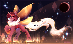 Size: 3000x1852 | Tagged: safe, artist:koveliana, imported from derpibooru, oc, oc only, oc:flechette, changeling, insect, moth, mothling, original species, crescent moon, eye clipping through hair, eyebrows, eyebrows visible through hair, featured image, high res, looking at you, moon, raised hoof, red changeling, simple background, smiling, smiling at you, solo, species swap