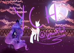 Size: 2871x2088 | Tagged: safe, artist:minelvi, imported from derpibooru, princess luna, oc, alicorn, pony, alicorn oc, butt, commission, female, full moon, glowing horn, horn, jewelry, magic, mare, moon, night, outdoors, plot, stars, telekinesis, tiara, wings, your character here