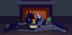 Size: 2500x1233 | Tagged: safe, artist:melodytheartpony, imported from ponybooru, oc, oc only, pony, unicorn, blushing, candy, candy cane, carpet, cup of coco, curved horn, dark room, darkened room, female, feral, fire, fireplace, food, holding hooves, hooves, horn, looking at each other, lying down, magic, male, mare, marshmallow, mug, romantic, stallion, telekinesis, wooden floor