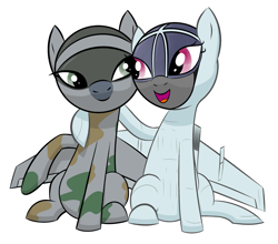 Size: 2131x1873 | Tagged: safe, artist:alignac, imported from ponybooru, oc, oc only, oc:natasha, oc:skybreaker, original species, plane pony, pony, cuddling, looking at each other, mig-25, mig-31, plane, ponified, simple background, white background