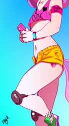Size: 485x880 | Tagged: safe, artist:dragk, imported from ponybooru, sweetie belle, anthro, arm band, belly, belly button, bracelet, clothes, cutie mark, faceless female, female, jewelry, knee pads, offscreen character, phone, shoes, shorts, skimpy outfit, tail, tanktop