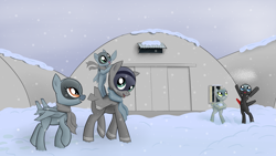 Size: 3265x1837 | Tagged: safe, artist:alignac, imported from ponybooru, oc, oc:alyona, oc:lightning, oc:lilya, oc:morgan, oc:sasha, original species, plane pony, pony, ace combat, adfx-02 morgan, f-35, foal, hangar, pak-fa, plane, ponified, snow, winter, yak-141