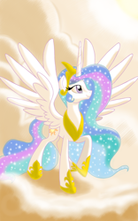 Size: 1200x1920 | Tagged: safe, artist:theroyalprincesses, imported from derpibooru, princess celestia, alicorn, pony, cloud, crown, ethereal mane, female, hoof hold, hoof shoes, jewelry, mare, on a cloud, raised hoof, regalia, solo, spread wings, wings