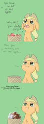 Size: 715x2007 | Tagged: safe, artist:happy harvey, edit, imported from derpibooru, applejack, earth pony, pony, :i, angry, apple, applejack's hat, basket, chest fluff, cowboy hat, crying, cute, dialogue, egg, floppy ears, food, fuck you i can eat all these apples, glare, green background, hat, jackabetes, looking up, madorable, meme, offscreen character, open mouth, out of character, raised eyebrow, simple background, solo, you have to eat all the eggs
