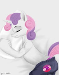 Size: 1100x1400 | Tagged: safe, artist:rockhoppr3, imported from derpibooru, sweetie belle, anthro, semi-anthro, unicorn, clothes, cutie mark, cutie mark on clothes, eyes closed, lying down, pajamas, panties, pants, partial nudity, pillow, sleeping, solo, topless, underwear, we don't normally wear clothes