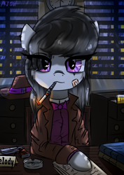 Size: 930x1317 | Tagged: safe, artist:mjsw, imported from derpibooru, octavia melody, earth pony, pony, cigarette, cigarette holder, clothes, detective, female, gun, handgun, mare, night, pistol, rain, sketch, smoking, solo, weapon