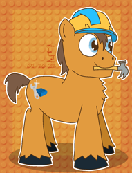 Size: 950x1242 | Tagged: safe, artist:icecreamjaxxie, imported from derpibooru, earth pony, pony, brick, builderman, chest fluff, crossover, hammer, hard hat, hat, male, mouth hold, ponified, roblox, smiling, solo, stallion, wrench