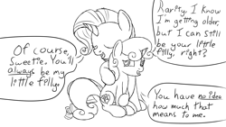 Size: 1920x1080 | Tagged: safe, artist:spritepony, imported from derpibooru, rarity, sweetie belle, pony, unicorn, crying, hug, lineart, sitting, sketch, talking, tears of joy