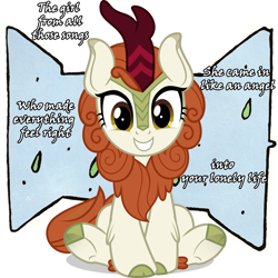 Size: 1577x1577 | Tagged: safe, artist:jhayarr23, edit, imported from derpibooru, vector edit, autumn blaze, kirin, awwtumn blaze, cute, evidence of autumn, female, genesis, grin, looking at you, lyrics, sitting, smiling, solo, song reference, text, vector