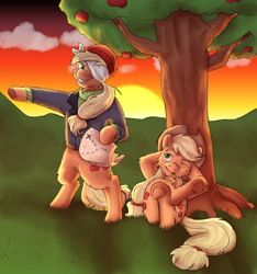 Size: 3000x3200 | Tagged: safe, artist:applejackofalltrades, imported from derpibooru, applejack, earth pony, pony, apple, apple tree, bipedal, duality, food, hoof hold, lying down, one eye closed, pirate, pirate applejack, pointing, relaxing, self ponidox, standing, standing up, standing upright, sunset, tree, wink