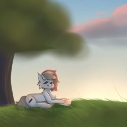 Size: 1000x1000 | Tagged: safe, artist:neonbugzz, imported from derpibooru, oc, oc only, earth pony, pony, cloud, earth pony oc, eyes closed, lying down, outdoors, prone, smiling, solo, tree