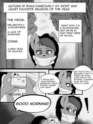 Size: 1200x1600 | Tagged: safe, artist:owlnon, imported from derpibooru, oc, oc:miss eri, comic:drowning lessons, clothes, comic, monochrome, scarf