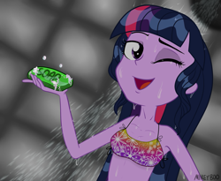 Size: 1657x1356 | Tagged: safe, alternate version, artist:mikeyboo, imported from derpibooru, sci-twi, twilight sparkle, equestria girls, bikini top, clothes, one eye closed, shower, sleeveless, soap, solo, swimsuit, wet, wink