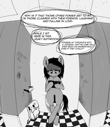 Size: 1200x1382 | Tagged: safe, artist:owlnon, imported from derpibooru, oc, oc:miss eri, comic:drowning lessons, bag, but why, monochrome, saddle bag, sitting on toilet, toilet