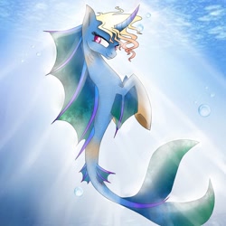 Size: 1024x1024 | Tagged: safe, artist:emalajiss36, imported from derpibooru, oc, oc only, merpony, sea pony, seapony (g4), unicorn, bubble, crepuscular rays, digital art, dorsal fin, eyelashes, fins, fish tail, gills, horn, ocean, pink eyes, seaponified, smiling, solo, species swap, sunlight, swimming, tail, underwater, water