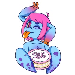 Size: 1000x1000 | Tagged: safe, artist:fangurley, imported from derpibooru, oc, oc only, oc:cteno, anthro, monster pony, bust, cake, female, food, one eye closed, simple background, solo, tongue out, white background, wink