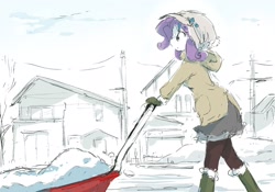 Size: 2000x1400 | Tagged: safe, artist:fuyugi, artist:nendo, imported from derpibooru, rarity, equestria girls, boots, clothes, female, hat, house, shoes, slice of life, snow, snow sled, solo