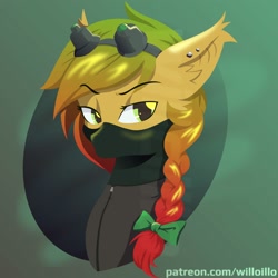 Size: 2000x2000 | Tagged: safe, artist:willoillo, imported from derpibooru, oc, oc only, bat pony, pony, bat pony oc, bat wings, braid, bust, clothes, ear piercing, goggles, piercing, solo, wings