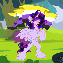 Size: 4000x4000 | Tagged: safe, artist:jamlotte1, imported from derpibooru, oc, oc only, oc:cosmic star, alicorn, pony, alicorn oc, base used, ethereal mane, flag, galaxy mane, horn, nonbinary, nonbinary pride flag, pride, pride flag, solo, unshorn fetlocks, wings