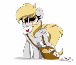 Size: 4096x3476 | Tagged: safe, artist:kittyrosie, imported from derpibooru, derpy hooves, pegasus, pony, blushing, cute, derpabetes, food, mail, muffin, simple background, solo, that pony sure does love muffins, white background