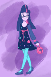 Size: 1024x1536 | Tagged: dead source, safe, artist:pettypop, imported from derpibooru, sci-twi, twilight sparkle, equestria girls, clothes, dress, glasses, handbag, planet, shoes, socks, solo, stars, stockings, thigh highs