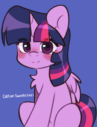 Size: 1020x1341 | Tagged: safe, artist:cottonsweets, imported from derpibooru, twilight sparkle, alicorn, pony, blue background, blushing, chest fluff, cute, signature, simple background, sitting, solo, twiabetes, twilight sparkle (alicorn), weapons-grade cute