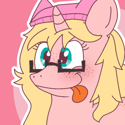 Size: 750x750 | Tagged: safe, artist:icecreamjaxxie, imported from derpibooru, oc, oc only, oc:mille feuille, pony, unicorn, back freckles, blushing, cute, freckles, glasses, hat, icon, silly, smiling, solo, tongue out